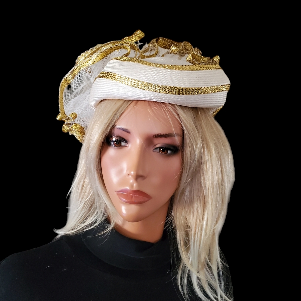 Jack McConnell Boutique 60s Designer Hat Haute Couture White Gold Wedding Events